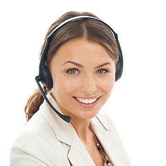 Image showing Business woman, portrait and face with headphones in call center for customer service on a white studio background. Female person, consultant or agent smile with headset and mic for telemarketing