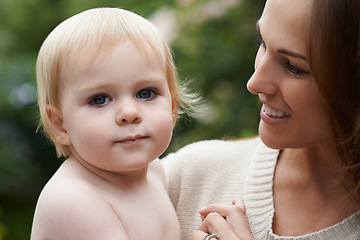 Image showing Outdoor, mom and portrait with baby, love and support in garden or backyard. Infant, bonding and relax with mother in nature together and holding kid with care in hug or embrace in environment