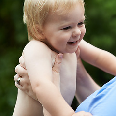 Image showing Baby, mom and playing outdoor for development with nurture, relationship and bonding for happiness. Family, child or toddler and hands with early childhood, parenting and love at park in nature