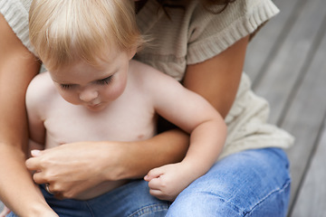 Image showing Baby, closeup and mom hug boy with love and comfort outdoor in morning or home. Infant, kid and mother bonding in embrace with care, kindness and support for development of relationship as family