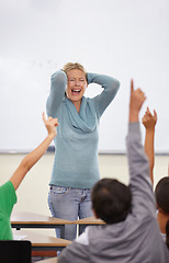 Image showing Angry teacher, classroom and shout at kids with raised hand for questions, answer or pop quiz with stress. Teaching woman, children and education with frustrated face, talking and anxiety at school