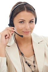 Image showing Business woman, portrait and headphones in call center for telemarketing or customer service on a white studio background. Face of female person or consultant agent smile with headset for online help