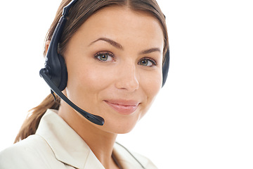 Image showing Woman, portrait and face of consultant in call center, customer service or telemarketing on a white studio background. Friendly person or agent smile with headphones for online advice on mockup space