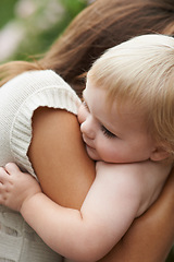 Image showing Hug, closeup and mom with baby outdoor with love and support together in backyard. Infant, kid and mother bonding in embrace with care, kindness and trust in garden, park or green environment