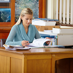 Image showing Teacher woman, marking and book in classroom for test, results or administration for education at school. Person, documents and paperwork for assessment, learning and development at desk in academy