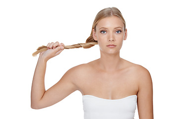 Image showing Woman, portrait and cosmetics with hair care in studio for beauty, keratin treatment and shampoo shine. Model, person and mock up space for skincare, collagen texture or hairstyle on white background