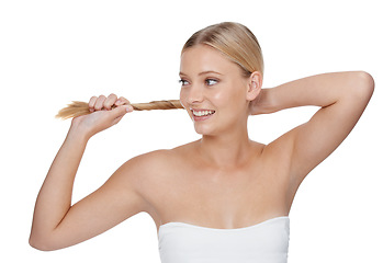 Image showing Woman, thinking and cosmetics with hair care in studio for beauty, keratin treatment and shampoo shine. Model, person and mock up space for skincare, collagen texture or hairstyle on white background