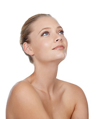 Image showing Woman, thinking and beauty with skincare in studio for glowing face, wellness and dermatology on mock up. Model, person or confidence with cosmetics, collagen and botox treatment on white background