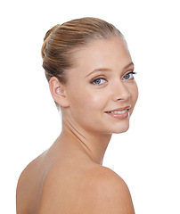 Image showing Woman, portrait and happy with beauty in studio for cosmetics, wellness and dermatology or glowing skin. Model, person or confidence with skincare, collagen or botox treatment on white background
