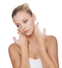 Image showing Woman, thinking and beauty with skincare in studio for glowing face, wellness and dermatology on mock up. Model, person or confidence with cosmetics, collagen or botox treatment on white background