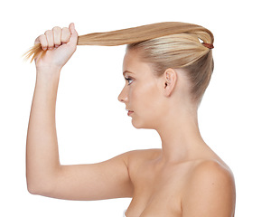 Image showing Beauty, woman and cosmetics in studio for hair care with keratin treatment, shampoo shine and mock up. Model, person and soft hairstyle, texture and cosmetology at hairdresser on white background