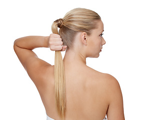 Image showing Rear view, woman and beauty in studio for hair care with keratin treatment, shampoo shine and mock up. Model, person and soft hairstyle, texture and cosmetology at hairdresser on white background