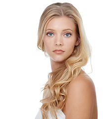 Image showing Woman, portrait and beauty with cosmetics in studio for glowing face, wellness and dermatology on mock up. Model, person or confidence with skincare, collagen or keratin treatment on white background