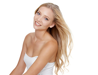 Image showing Woman, portrait and beauty with cosmetics in studio for hair care, keratin treatment and shampoo shine. Model, person and happiness with skincare, collagen texture and hairstyle on white background