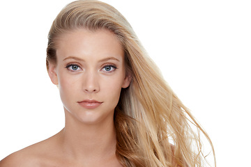 Image showing Woman, portrait and beauty with cosmetics in studio for hair care, keratin treatment and shampoo shine. Model, person and mockup space with skincare, collagen texture or hairstyle on white background