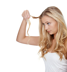 Image showing Woman, mockup and hair care with cosmetics in studio for beauty, keratin treatment and shampoo shine. Model, person and confidence with skincare, collagen texture and hairstyle on white background