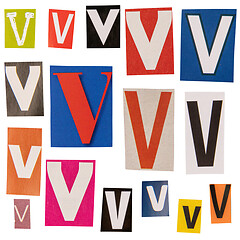 Image showing Letter V cut out from newspapers