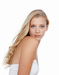 Image showing Woman, portrait and beauty with shampoo in studio for hair care, keratin treatment and cosmetics shine. Model, person and mockup space with skincare, collagen texture or hairstyle on white background