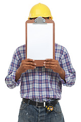 Image showing Clipboard, construction and man on a white background for inspection, maintenance and building report. Engineering, architecture and isolated worker with paperwork, documents and survey in studio