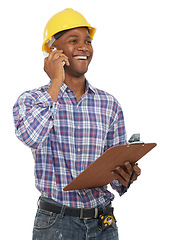 Image showing Phone call, construction and happy man with clipboard on a white background for contact, planning or talking. Engineering, studio and worker on cellphone for building report, inspection or discussion