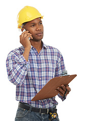 Image showing Phone call, construction and man with clipboard on a white background studio for contact, planning or talking. Engineering, architecture and worker on cellphone for building, inspection or discussion
