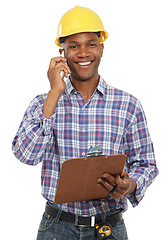 Image showing Phone call, construction and portrait of black man on a white background studio for contact, planning or talking. Engineering, clipboard and worker on cellphone for building, inspection or discussion