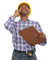 Image showing Phone call, construction and black man laugh on a white background studio for contact, planning and talking. Engineering, clipboard and worker on cellphone for building, inspection and discussion