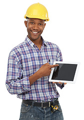 Image showing Tablet, construction and portrait of black man on a white background for internet, website and online. Engineering, maintenance and worker pointing to digital tech for building, inspection or network