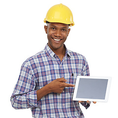 Image showing Tablet, pointing and portrait of construction worker on a white background for internet, website and online. Engineering, maintenance and black man on digital tech for building, inspection or network