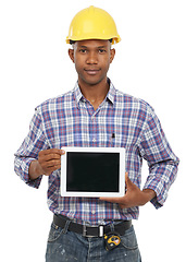 Image showing Tablet, construction and portrait of black man on a white background for internet, website and online. Engineering, mockup and worker pointing to digital tech for building, inspection or network