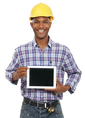 Image showing Tablet, happy and portrait of construction worker on a white background for internet, website and online. Engineering, mockup screen and worker on digital tech for building, inspection and network