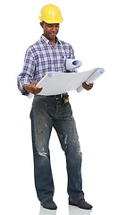 Image showing Architect, construction and engineering, black man and blueprint for contractor job and maintenance on white background. Floor plan, check paperwork and builder with helmet and architecture in studio