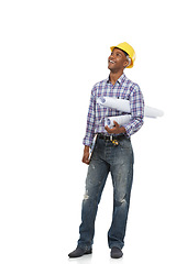 Image showing Blueprint, construction and man on a white background for thinking, maintenance or building inspection. Engineering, architecture and isolated worker with illustration, planning and papers in studio