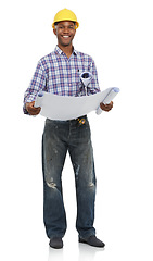 Image showing Architect, construction and portrait, black man and blueprint for contractor job and maintenance on white background. Floor plan, paperwork and builder with helmet and smile in architecture in studio