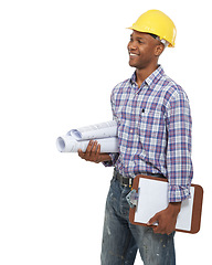 Image showing Clipboard, construction and man on a white background for blueprint, maintenance and building inspection. Engineering, architecture and isolated worker with paperwork, documents and survey in studio