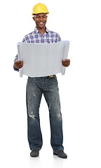 Image showing Architecture, construction and engineering, black man and blueprint for contractor job and maintenance on white background. Floor plan, check paperwork and builder with helmet and architect in studio