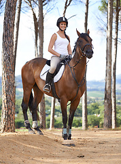 Image showing Portrait, horse riding or happy woman in nature countryside with rider or jockey for recreation or adventure. Smile, relax or athlete with a pet animal for training, exercise or wellness in forest