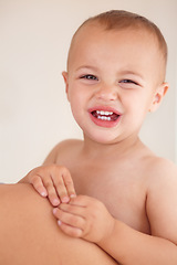 Image showing Sad, crying and portrait of boy baby by his mom with unhappy, upset and naughty personality. Tired, annoyed and face of disappointed child, infant or kid toddler with tears for problem by his mother.