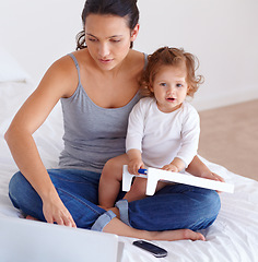 Image showing Portrait, baby and mom on laptop in bedroom for remote work, learning or online education in home. Freelancer mother, computer and kid on bed playing with abacus, care or toddler together with family