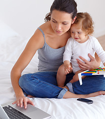 Image showing Laptop, baby and mother in bedroom for remote work, learning or online education in home. Freelancer parent, computer and kid on bed playing with abacus, child care and toddler together with family