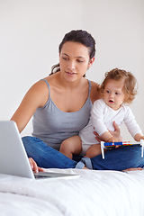 Image showing Laptop, baby and mom in bedroom for remote work, mom learning or online education in home. Freelancer parent, computer and kid on bed playing with abacus, child care and toddler together with family