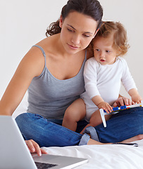 Image showing Laptop, baby and mother in bed for remote work, learning or online education in home. Freelancer parent, computer and kid in bedroom playing with abacus, child care and toddler together with family