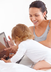 Image showing Learning, baby and smile of mother on laptop in bedroom for online education or remote work in home. Freelancer mom, computer and point to kid on internet, show toddler screen and family together