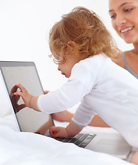 Image showing Baby, learning and mom with laptop in home with cartoon, movies or games for education. Infant, kid and mother with computer in bedroom for child development, growth and website for teaching