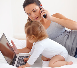 Image showing Working, phone call and mom with baby on laptop multitasking in home. Infant, kid and mother busy with computer and smartphone for remote work, productivity and online communication in bedroom