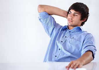 Image showing Businessman, thinking and confidence in office business for employee growth, professional or career. Male person, arms crossed and corporate working for problem solving, thoughts or brainstorming