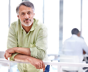 Image showing Senior man, portrait and casual fashion at office in relax, career ambition or confidence. Face of handsome mature male person or employee smile in creative startup or positive mindset at workplace