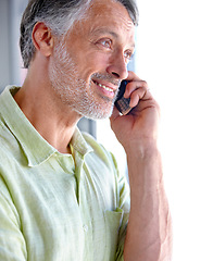 Image showing Senior, thinking or happy man on a phone call listening or talking for communication to relax. Confident, retirement or mature person in home calling to chat in conversation or speaking on mobile