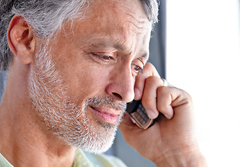 Image showing Face, mature man and phone call in home for communication, networking and hello for audio chat. Smartphone, thinking and talking for conversation, mobile contact and listening to digital connection