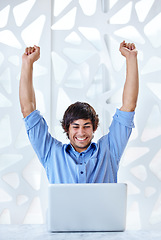 Image showing Man, laptop and celebrate for win, success and smile for target goal, happiness and employee. Winner, kpi and email for achievement, bonus and milestone for business, finance profit and promotion